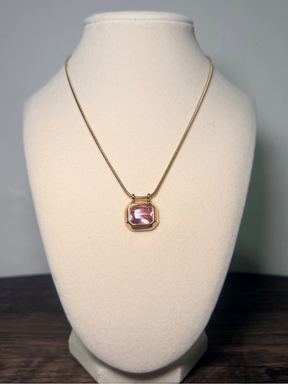 Gold Pendant Necklace with Pink Crystal Accent